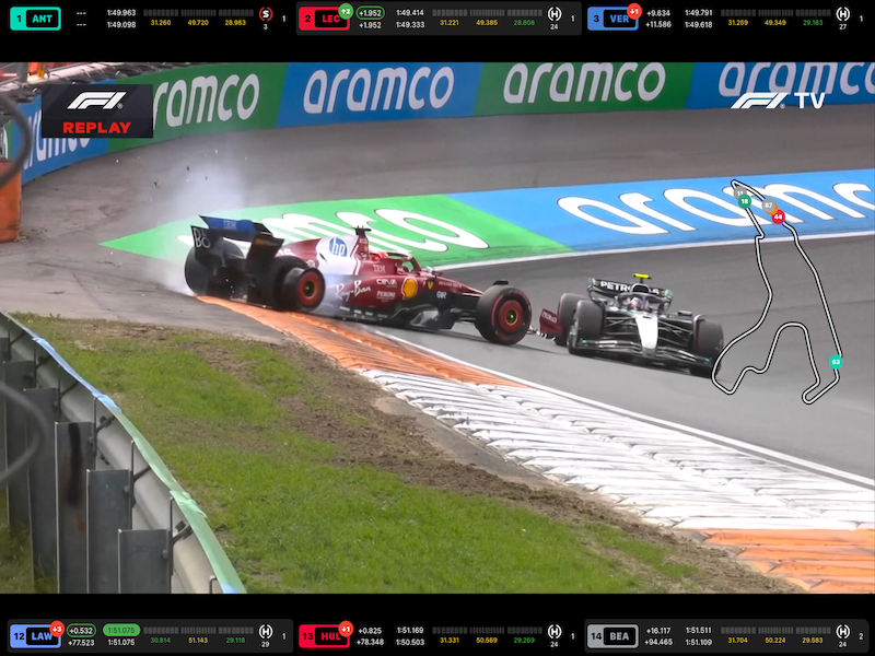 RaceLayer on iPad showing top and bottom driver overlays with a live track map